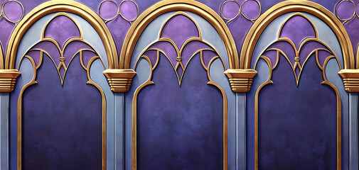 Naklejka premium Arched Design: A sophisticated arched design showcases elegance with intricate detailing, gold accents and vibrant purple hues, creating a sense of architectural grace and artistic flair.