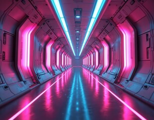 Futuristic synthwave spaceship corridor in 4K resolution. Neon pink, blue lights create glowing, reflective ambiance. Digital art design. Great background for tech, space, sci-fi, virtual reality