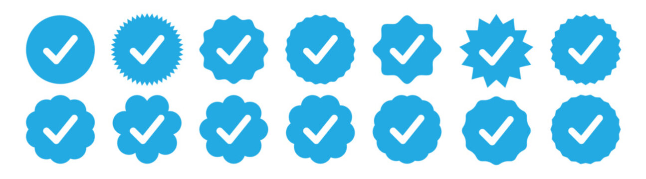 Blue Verified badge icon set. Set of check mark icons. Blue tick social media. 