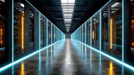 Fototapeta premium IT infrastructure server disaster recovery concept. Futuristic data center corridor with illuminated panels and sleek design.