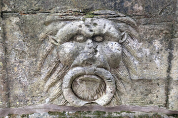 Ancient stone carving depicting a fierce lion face with intricate details showcasing artistry and...