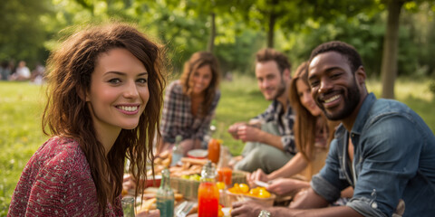 Friends enjoying a picnic in the park, with good food, drinks and company on a warm sunny day under the shade of trees.