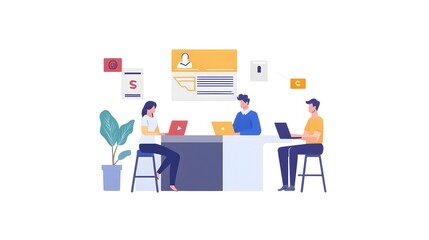 Modern Office Dynamics: This illustration showcases a modern office environment, with three individuals engrossed in their work on laptops at a minimalist workstation.