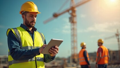 Construction worker using tablet at building site. Architect, engineer wearing hard hat, safety vest checks project on digital pad, collaborates with team. Crane background, teamwork on construction.