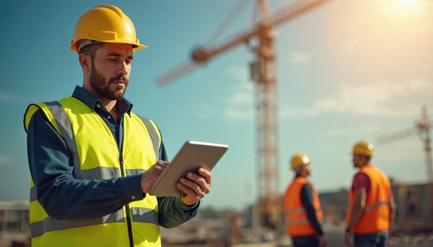 Construction worker using tablet at building site. Architect, engineer wearing hard hat, safety vest checks project on digital pad, collaborates with team. Crane background, teamwork on construction.