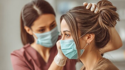 Masked professional assisting masked patient