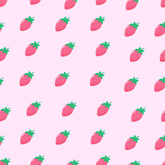 A charming pattern featuring strawberries on a soft pink background. Bright and detailed berries with green leaves are evenly distributed across the surface, creating a playful and fresh atmosphere