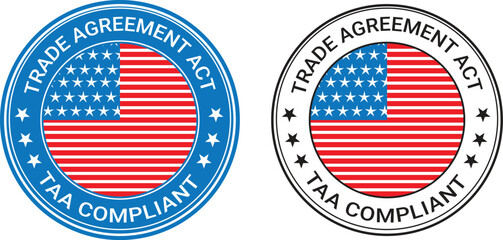 round taa compliant badge with american flag, trade agreement act label and stars in blue and black style	
