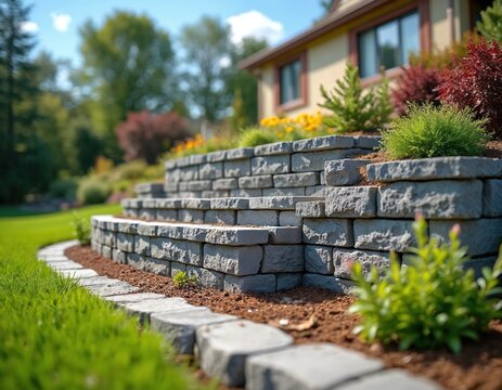 Concrete block retaining wall with garden. Sturdy construction for soil stabilization, functional landscape design. Outdoor feature for backyard landscaping, yard improvement, home design,