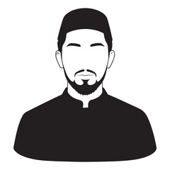 Vector black silhouette of Muslim man wearing taqiyah cap, close-up front-facing with curved torso effect on white background