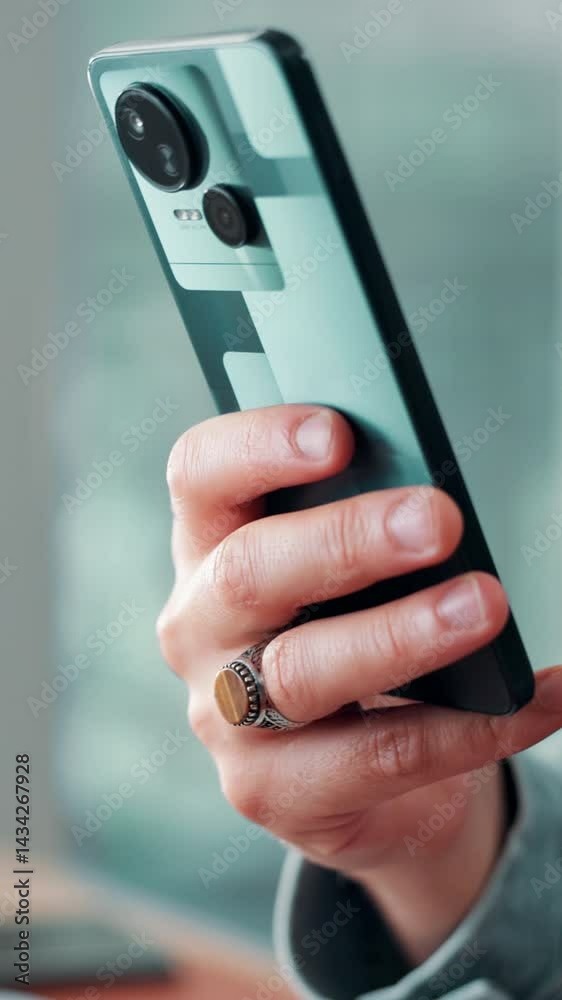 Aufkleber App, hands and phone with business person in office for communication or social media. Networking, search and text message with employee scrolling or typing on mobile for workplace connectivity