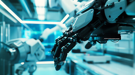 Fototapeta premium A robotic arm in a high tech lab, assembling parts for robots used in autonomous research laboratory automation systems, Lab-automation-tech style