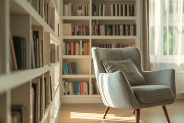 Fototapeta premium Cozy reading nook with armchair and bookshelves in a bright airy room