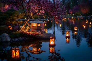 Obraz premium Ethereal Japanese garden with glowing lanterns blossoms backdrop 