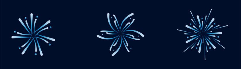 Fireworks Vector with Stars. Background blue. Art set firework for holidays