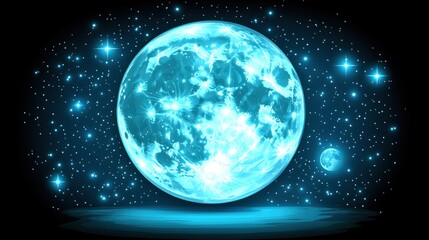 Obraz premium Glowing blue moon in space, starry background, cosmic scene, for science fiction design