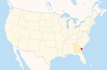 Fototapeta premium Location Map of the city Savannah in Georgia, USA. The state is marked orange and the city is highlighted with a red dot. No labels at all.