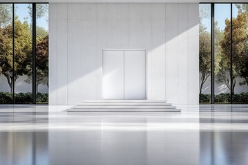 Modern, minimalist interior with large windows and a central door.  Spacious, bright, and sleek design