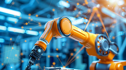 A robotic arm in a high tech lab, assembling parts for robots used in autonomous robotics education systems, Ed-tech style