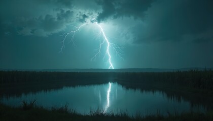 Powerful lightning bolt strikes over lake. Stormy sky, dramatic weather with flash of light. Nature scene, reflecting in water surface. Thunder, electricity, energy. Storm at night.
