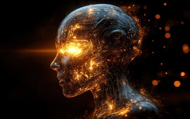 Obraz premium Close-up profile view of a futuristic, glowing android head.