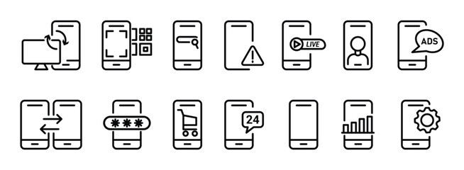 Set of smartphone related device line icons. phone scanner, warning, live, message ads, screen lock, shopping cart, etc. vector illustration. 