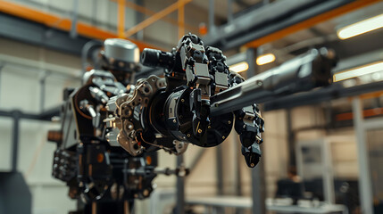 Fototapeta premium A robotic arm in a high tech lab, assembling parts for robots used in autonomous robotics research and development systems, Research-tech style