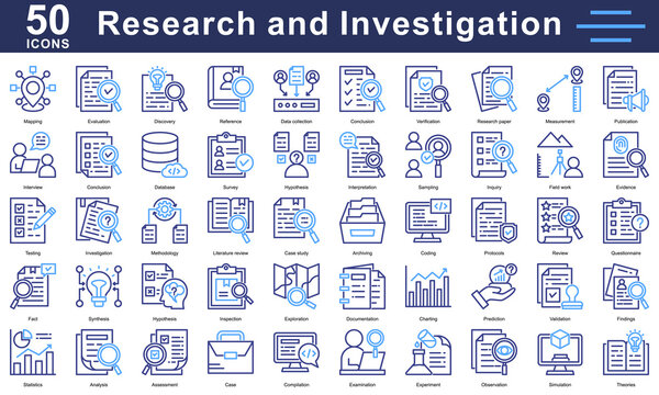 Research and investigation icons for academic, scientific, and data projects—covering analysis, discovery, validation, reports, and more.