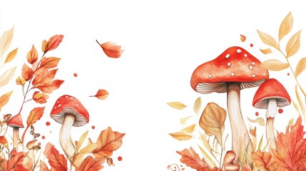 Watercolor autumn illustration with red mushrooms and fall leaves on white background.