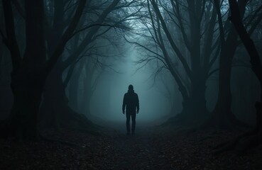 Fototapeta premium A man stands alone in a dark forest. The road leads into the fog through the silhouettes of trees. Mystery and loneliness in the surreal landscape. Monochrome colors enhance spooky atmosphere.