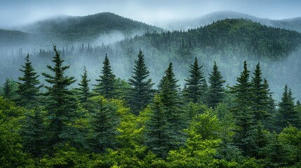 Obraz premium Misty mountain view with evergreen trees in foreground