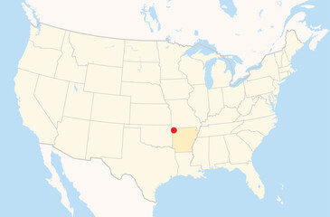 Location Map of the city Springdale in Arkansas, USA. The state is marked orange and the city is highlighted with a red dot. No labels at all.