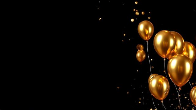 Celebrate with this elegant animation featuring shiny golden balloons floating against a deep black backdrop, complemented by falling gold confetti and subtle ribbon details for a luxurious feel.