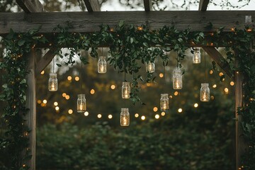 A rustic outdoor wedding backdrop with wooden beams, cascading ivy, and mason jar lights for a cozy, intimate atmosphere