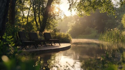 Obraz premium Relaxing by the Calm Water: Serenity in Nature with Beautiful Sunlight