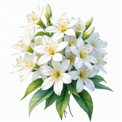 Fototapeta premium Watercolor illustration white jasmine flowers bouquet. Fresh floral design elements on white background. Blossoming spring, summer, nature, botany concept. Ideal for wedding invitations, greeting