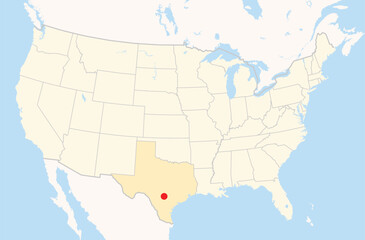 Location Map of the city San Antonio in Texas, USA. The state is marked orange and the city is highlighted with a red dot. No labels at all.