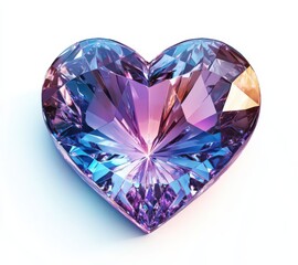 Fototapeta premium Heart-shaped gemstone featuring intricate prismatic rays in light purple and blue, ideal for Valentine's Day themes, isolated on white background with super-realistic details.
