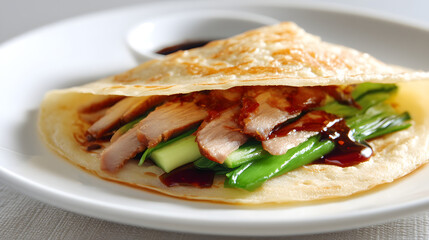 Hand-Rolled Mandarin Pancake with Tender Duck Slices and Fresh Vegetables in a White Plate Setting