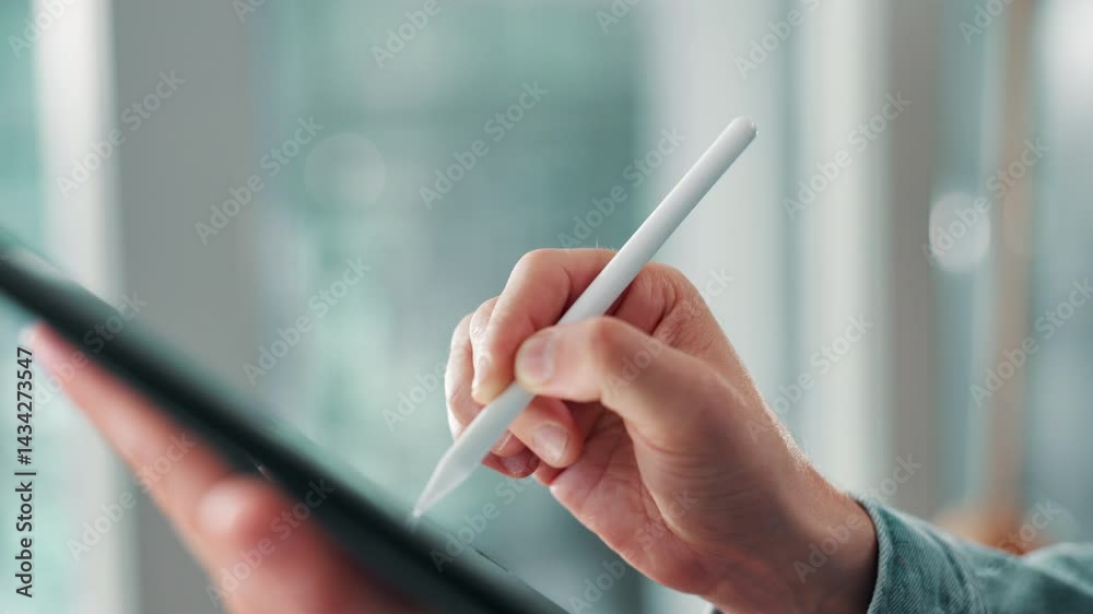 Poster business person, hands or writing with tablet pen for design, digital drawing or interactive display
