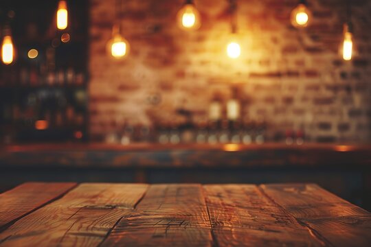 Rustic wooden table in a warmly lit bar with brick walls and hanging lights