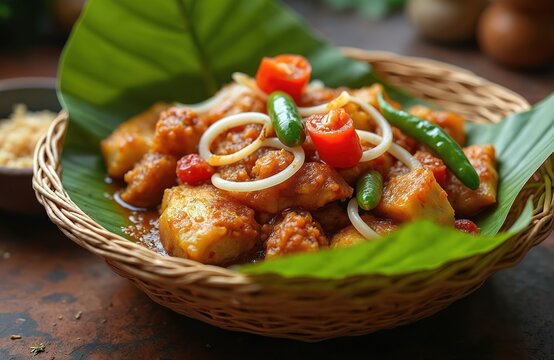 Kerala Meen Pollichathu, fish pollichathu dish served. Indian food special Kerala cuisine with fried fish, masala. Dish cooked in banana leaf, served in basket. Non-vegetarian seafood. Popular asian