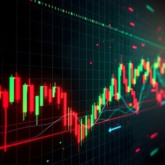 "Abstract financial trading background with rising and falling candlestick charts."

