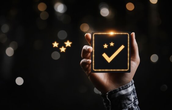 A hand holds a glowing square with a checkmark and three stars, signifying approval and high quality