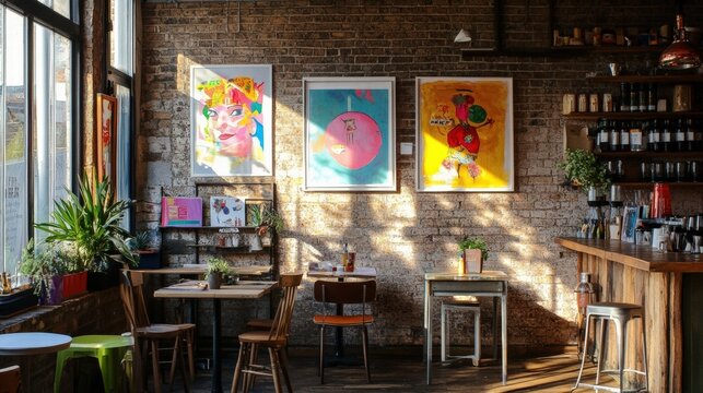 Cozy cafe with colorful art, sunlight streaming through windows, and a welcoming atmosphere for friends and relaxation.