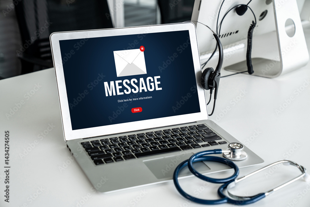 Poster email notification message showing on computer screen snugly. digital marketing message information 