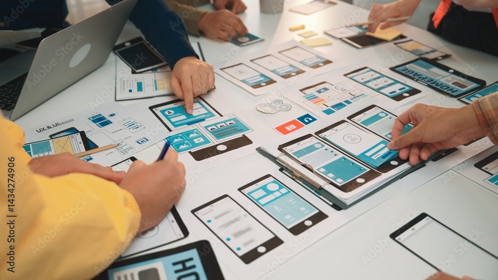 Poster a diverse team collaborates on user interface design, creating mobile mockups and prototypes. laptop