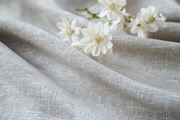 Delicate white blossoms resting on a soft, light gray linen fabric.