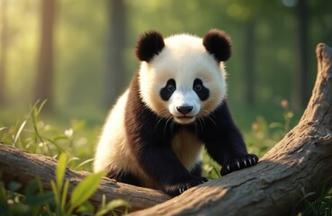 Fototapeta premium Cute giant panda sits on wooden log in forest. Black and white bear mammal, enjoying nature. Endangered wild animal. Wildlife in natural environment. Asian species.