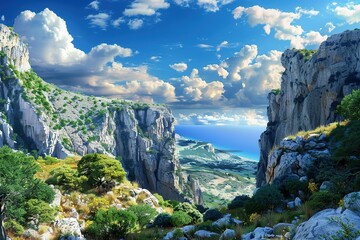 Dramatic cliffs overlooking the sea under a vibrant blue sky with fluffy clouds